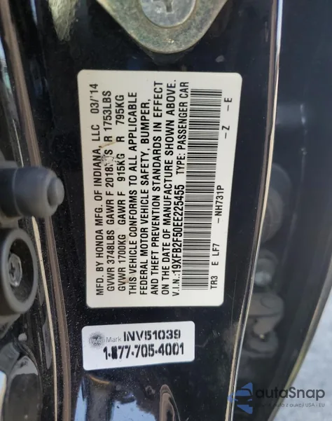 2014 Honda Civic Lx z USA, uszkodzony, nr VIN 19XFB2F50EE225455